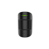 Ajax wireless indoor motion sensor in black, front view with LED indicator for smart home and office security.
