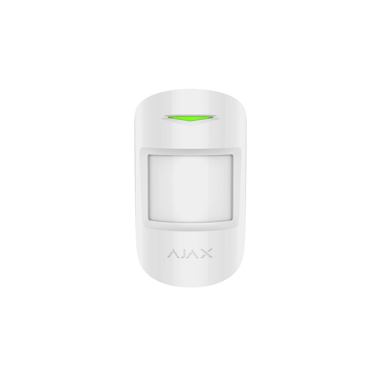 Ajax wireless indoor MotionProtect sensor in white, front view with LED indicator, reliable security motion detector for homes.