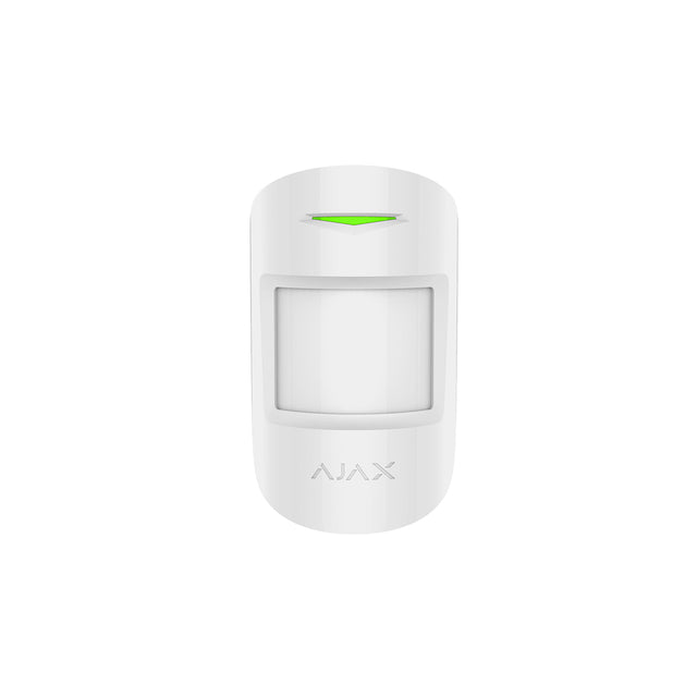 Ajax wireless indoor MotionProtect sensor in white, front view with LED indicator, reliable security motion detector for homes.