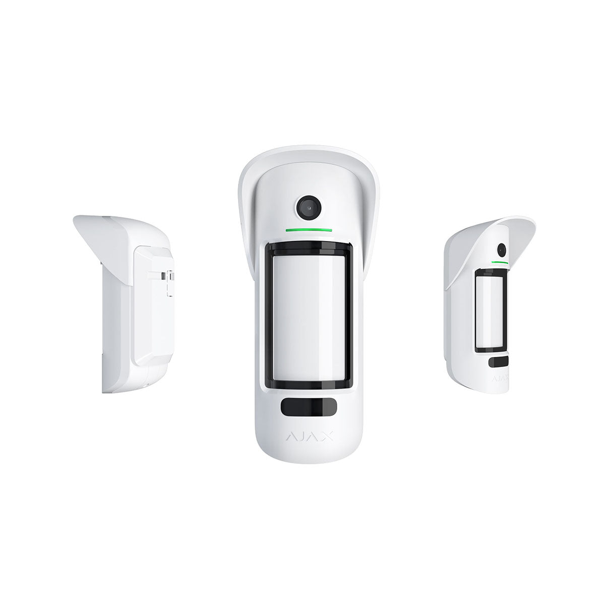 White outdoor Ajax Wireless MotionCam security sensor with motion detection shown from multiple angles.