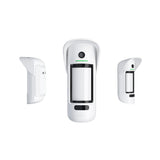 White outdoor Ajax Wireless MotionCam security sensor with motion detection shown from multiple angles.
