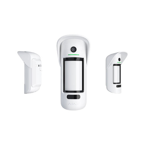 White outdoor Ajax Wireless MotionCam security sensor with motion detection shown from multiple angles.