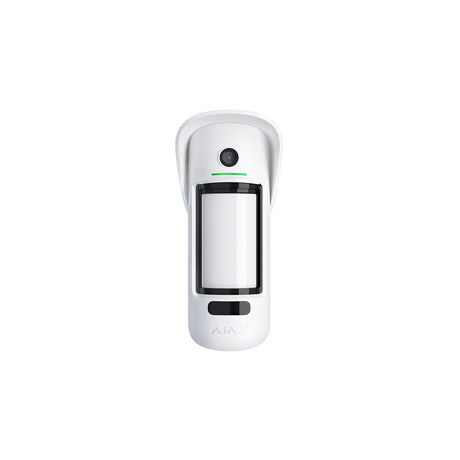 Front view of Ajax wireless motion sensor with camera, white body and green indicator light.