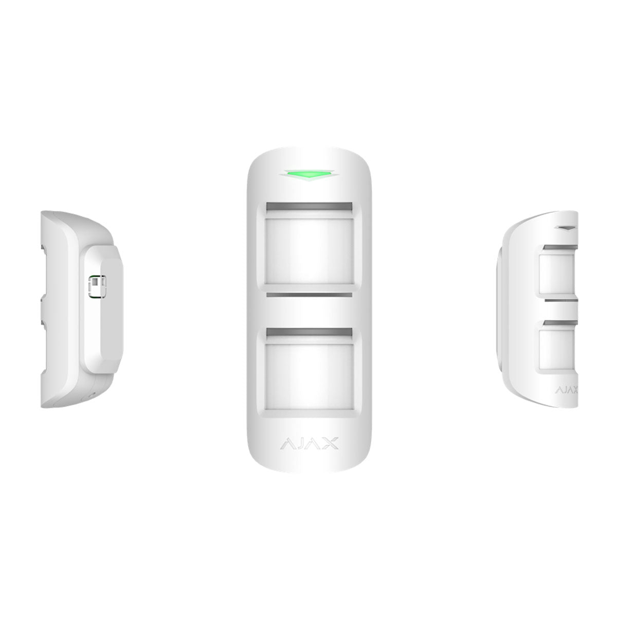 Ajax wireless MotionProtect outdoor sensor in white, shown from front and side angles, dual PIR motion detector for home security.
