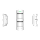 Ajax wireless MotionProtect outdoor sensor in white, shown from front and side angles, dual PIR motion detector for home security.