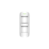 White Ajax wireless MotionProtect outdoor sensor with dual PIR detectors, front view, designed for smart home security systems.