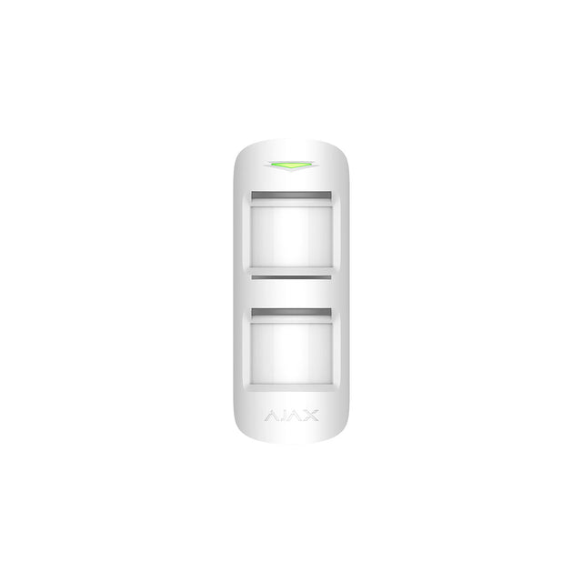White Ajax wireless MotionProtect outdoor sensor with dual PIR detectors, front view, designed for smart home security systems.