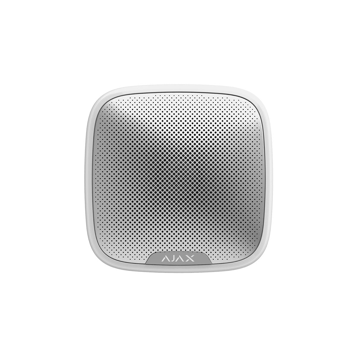 Ajax wireless outdoor StreetSiren in white, front view with 113dB loud alarm for advanced home security systems.