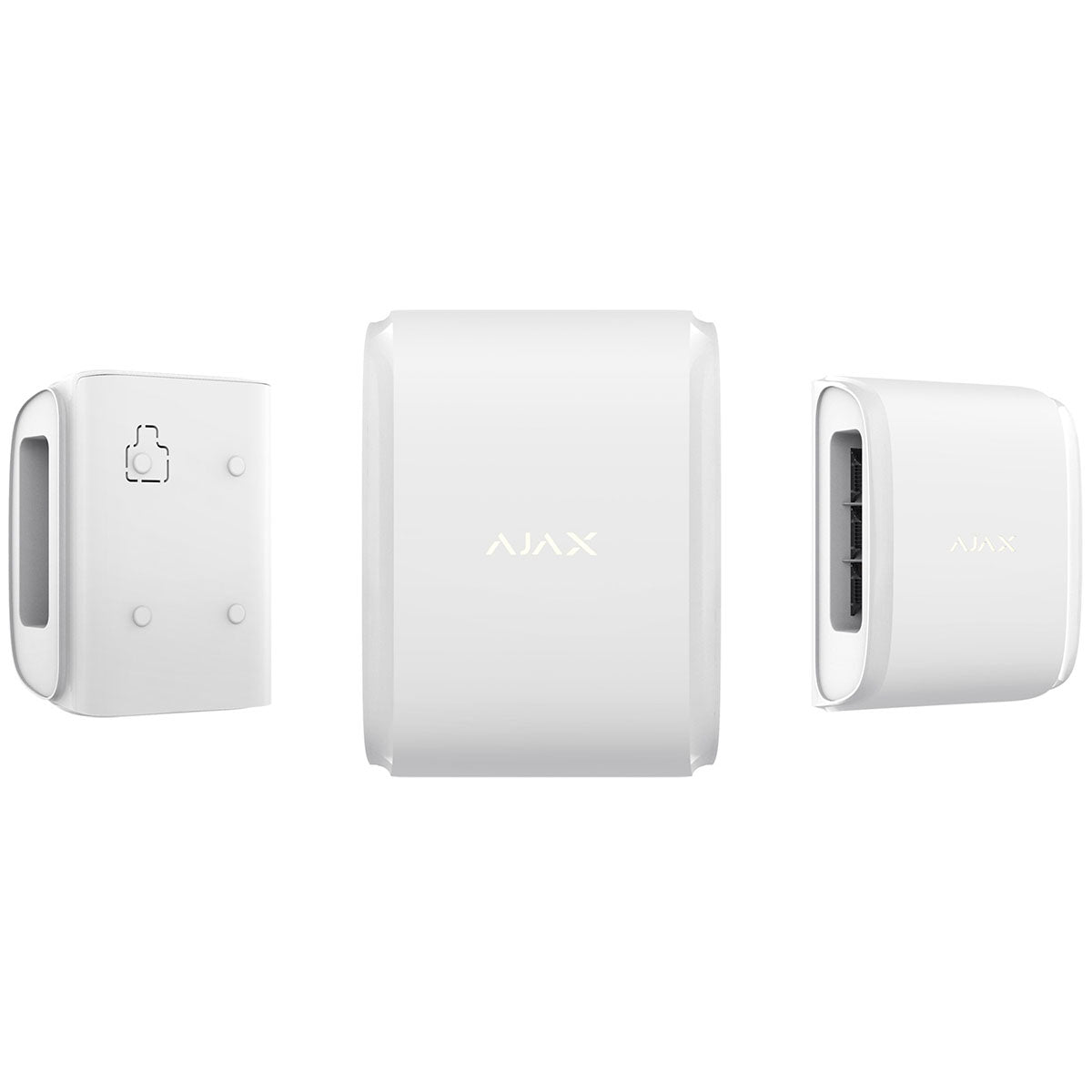 Ajax Wireless Outdoor Dual Curtain Sensor in white shown from front and side angles for advanced motion detection and perimeter security.