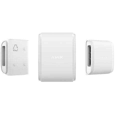Ajax Wireless Outdoor Dual Curtain Sensor in white shown from front and side angles for advanced motion detection and perimeter security.