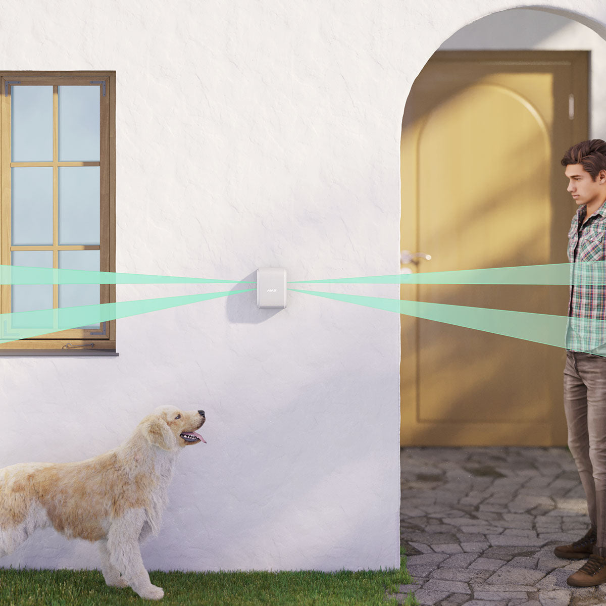 Ajax Wireless Outdoor Dual Curtain Sensor in white installed on wall, detecting human motion while ignoring pet movement for smart security.