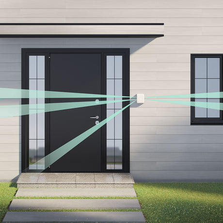 Wireless outdoor dual curtain sensor on a home's exterior, with beams extending from the sensor to the door.