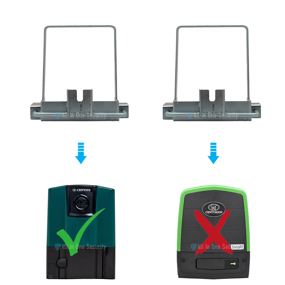 Comparison between a Centurion D5 Evo Old Model and D5 Evo SMART gate motor that indicates the bracket is not suitable for the Centurion SMART range motors.
