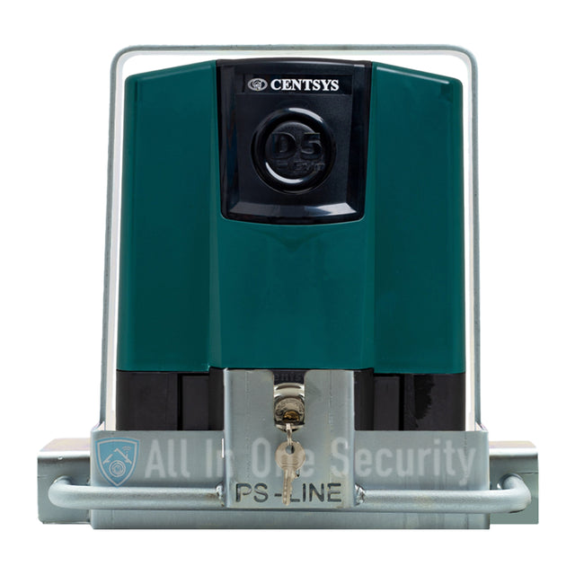 Centurion D5 Evo Old Model gate motor front view with Motorsafe anti-theft bracket including 60mm discus padlock fitted over the motor. 