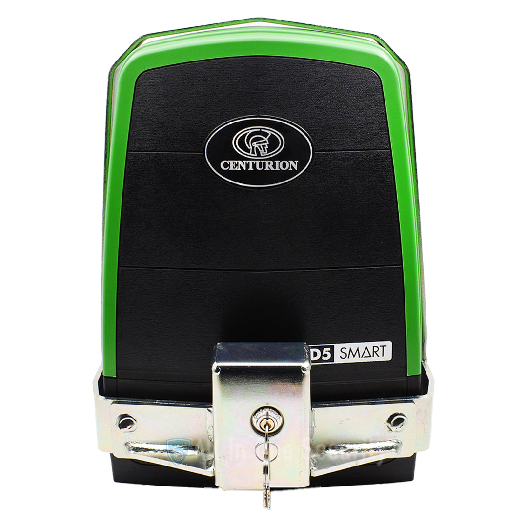 Centurion D5 Smart gate motor front view with anti-theft bracket and lock, ensuring secure automatic gate operation.