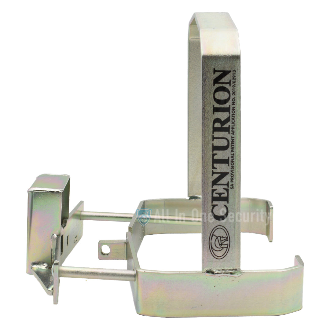 Centurion D6 Smart anti-theft bracket side view with open lock, designed for securing automatic gate motors effectively.