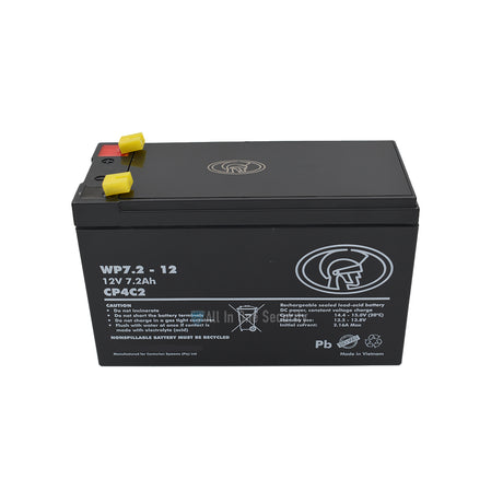 Centurion 12V 7.2Ah rechargeable sealed lead acid battery front top angle view for gate motors, UPS, and backup power systems.