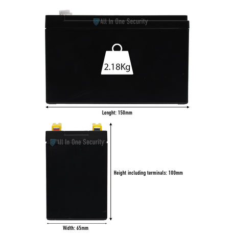 Centurion 12V 7Ah rechargeable sealed lead acid battery dimensions 150x65x100mm, weight 2.18kg, ideal for backup power use.