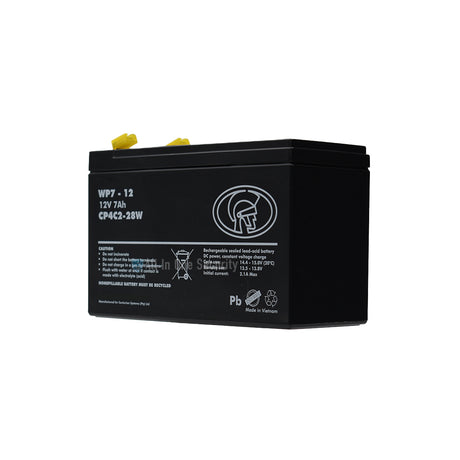Centurion 12V 7Ah rechargeable sealed lead acid battery front left angle view ideal for gate motors, UPS, alarms and backup power