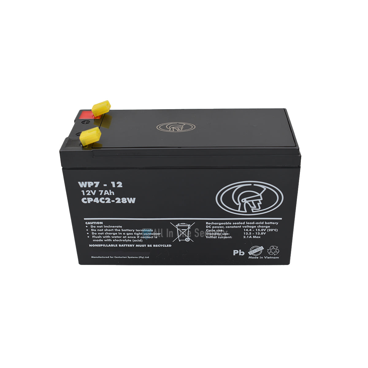Centurion 12V 7Ah rechargeable sealed lead acid battery front top angle view, reliable power for gate motors, alarms, and UPS