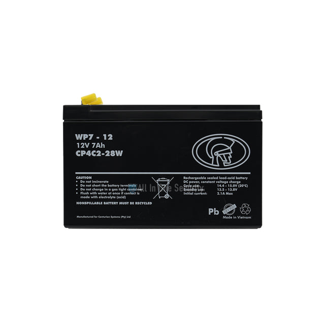 Centurion 12V 7Ah rechargeable sealed lead acid battery front view, durable backup power for alarms, UPS, and gate motors