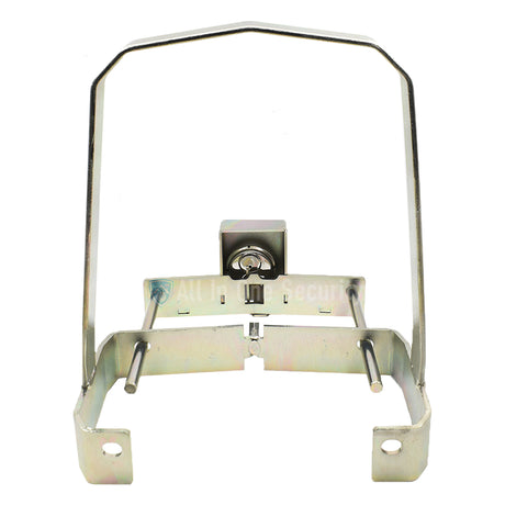 Back view showing secure lock mechanism and durable steel protection frame.