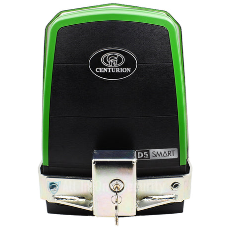 Centurion D5 Smart gate motor front view with anti-theft bracket installed for enhanced gate security protection.