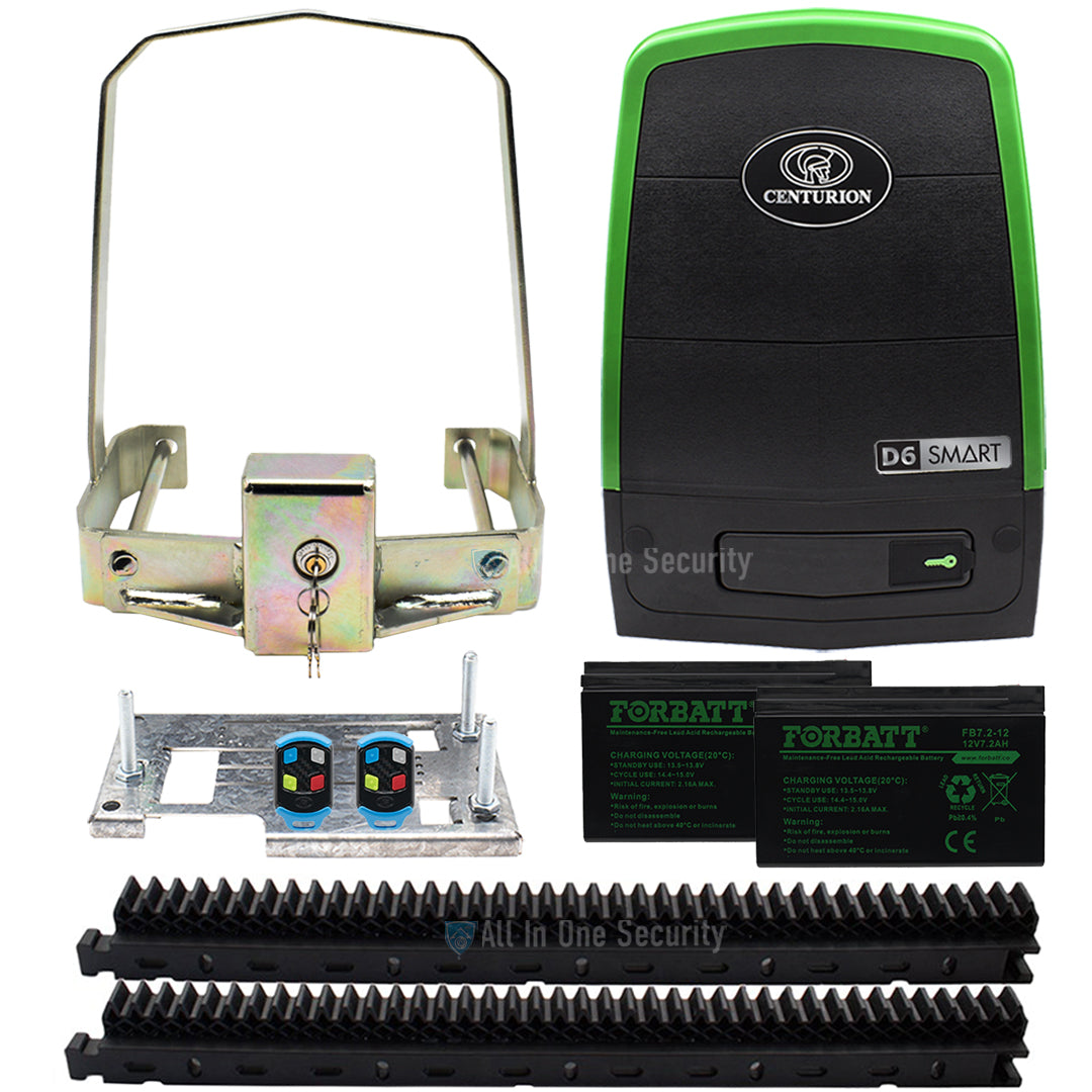Centurion D6 Smart Sliding Gate Motor with two 4-button remotes, batteries, raz rack, baseplate and anti-theft bracket – All In One Security