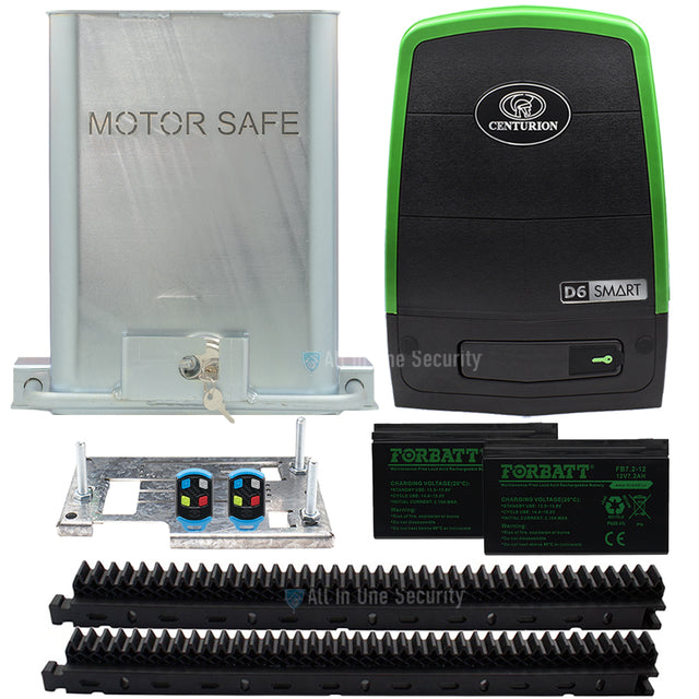 Centurion D6 Smart Sliding Gate Motor with two 4-button remotes, batteries, raz rack, baseplate and enclosed anti-theft bracket – All In One Security