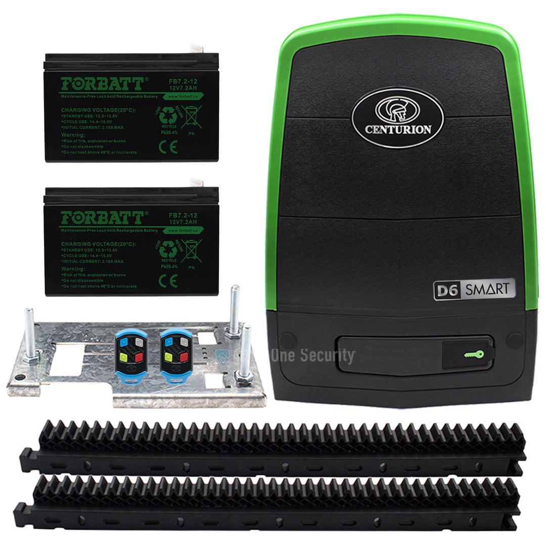 Centurion D6 Smart Sliding Gate Motor with two 4-button remotes, batteries, Raz Rack and baseplate – All In One Security