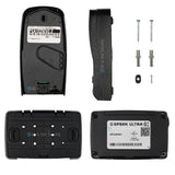 Back and side view of the gate station and control unit with mounting hardware.