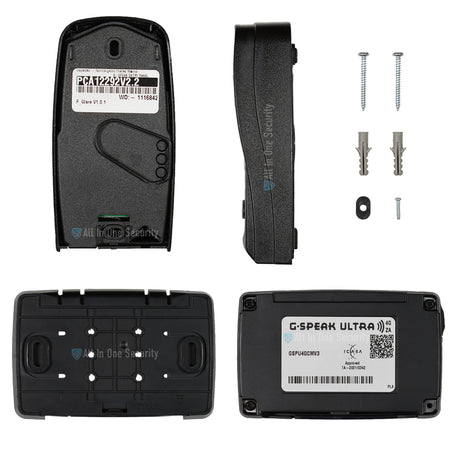 Back and side view of the gate station and control unit with mounting hardware.