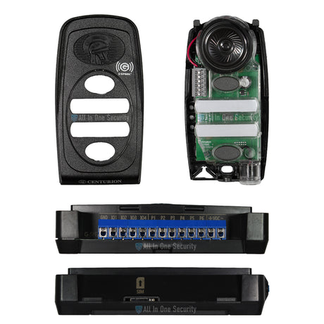 Inside view of Centurion G-Speak Ultra GSM intercom kit showing gate station internals, wiring terminals, and SIM card slot.