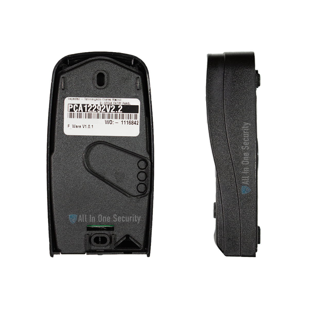 Back and side view of Centurion G-Speak Ultra 2-button gate station showing model label, mounting slot, and compact profile.