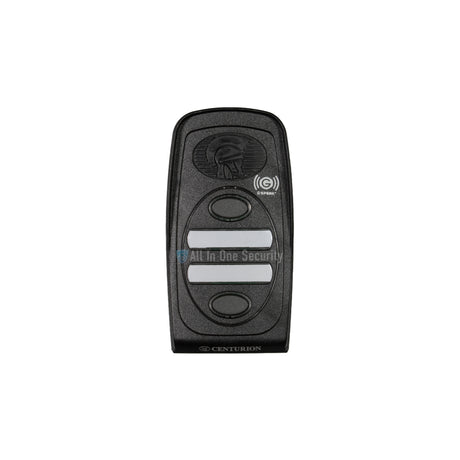 Centurion G-Speak Ultra 2-button black gate station remote control with  white buttons, front view.