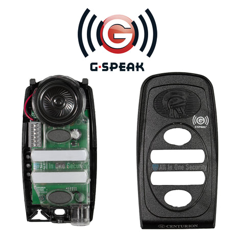 Inside and front cover view of Centurion G-Speak Ultra 2-button gate station showing internal circuit board and speaker component.