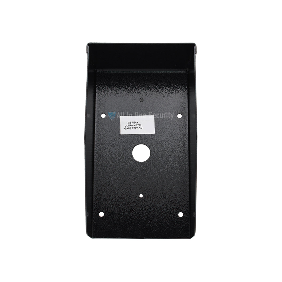 Front view of Centurion G-Speak Ultra metal gate station with rainshield showing mounting hole