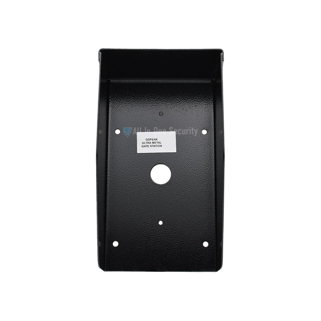 Front view of Centurion G-Speak Ultra metal gate station with rainshield showing mounting hole
