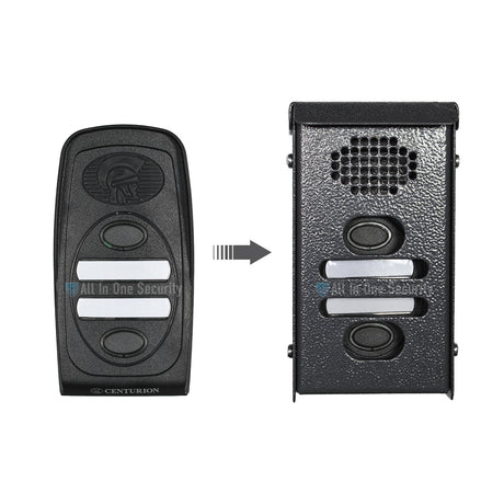 Centurion Polo 2 button gate station with rainshield, front view showing unit inside, black metal intercom system for security.