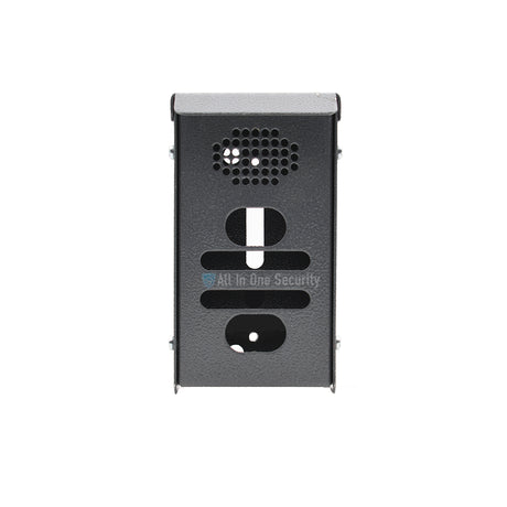 Front view of Centurion Polo 2-button gate station rainshield housing with vent holes and mounting slots, black metal finish.