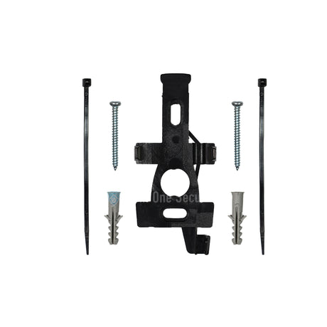 Fastening set with wall bracket, screws, wall plugs, and cable ties.