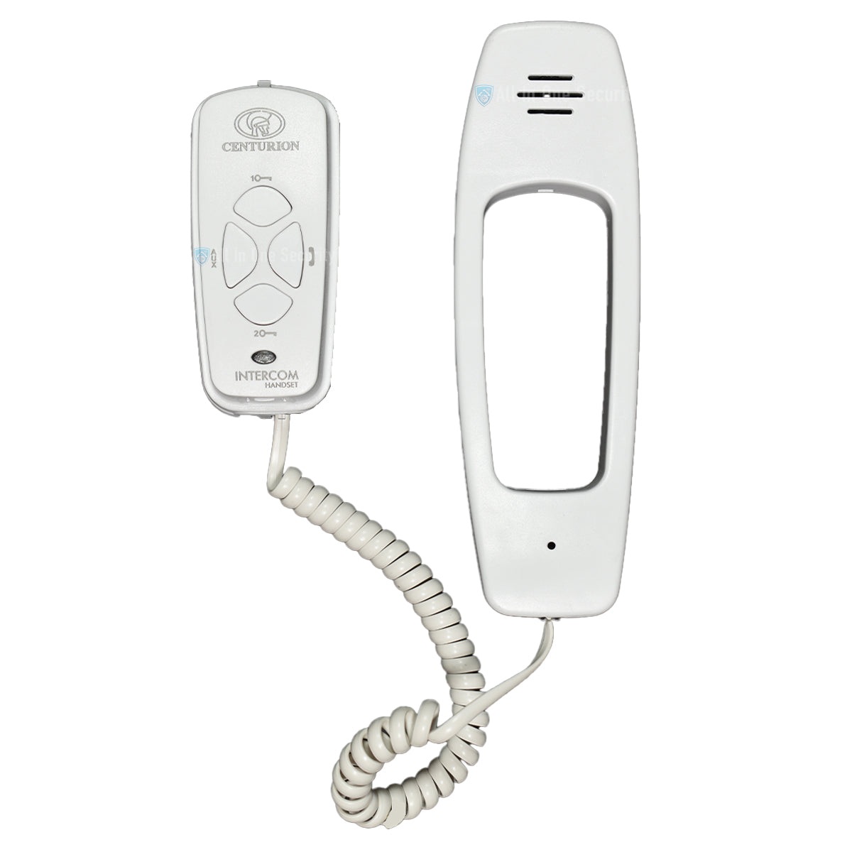 Centurion Polophone intercom handset front view with handset detached, showing coiled cord and control buttons on white plastic body.