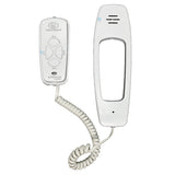 Centurion Polophone intercom handset front view with handset detached, showing coiled cord and control buttons on white plastic body.