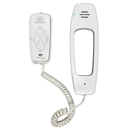 Centurion Polophone intercom handset front view with handset detached, showing coiled cord and control buttons on white plastic body.