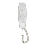 Centurion Polophone Intercom Handset in white with coiled cord, front view, used for secure communication in buildings.