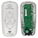 Centurion Polophone intercom handset inside and front view showing circuit board, control buttons, and white plastic casing.