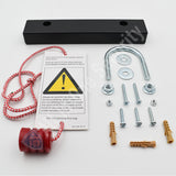 Fastener kit with U-bolt, screws, washers, and plugs.