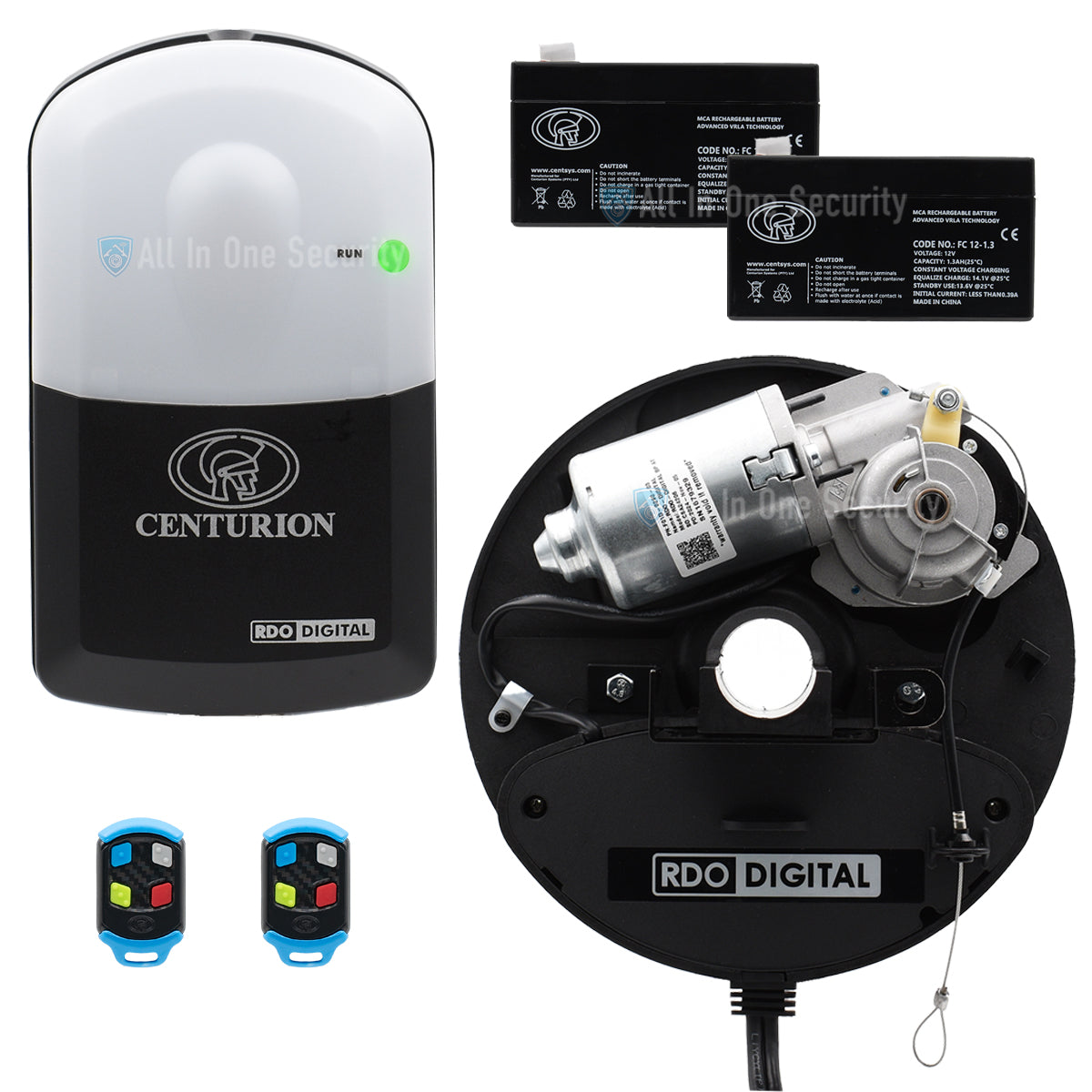 Centurion RDO Digital kit with controller, motor unit, rechargeable batteries, and remotes.