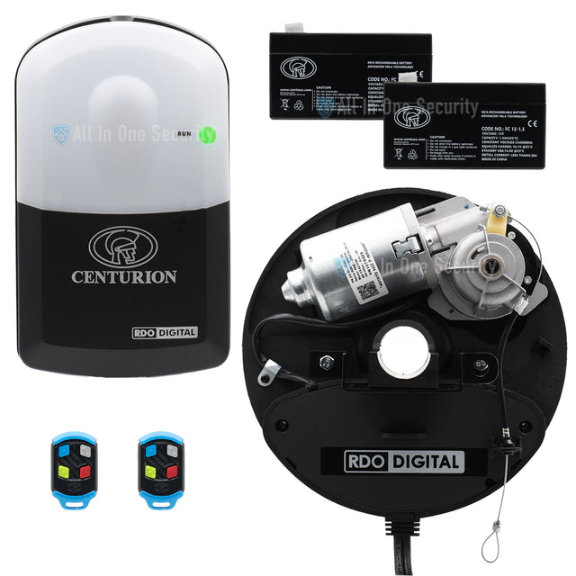 Centurion RDO Digital kit with controller, motor unit, rechargeable batteries, and remotes.