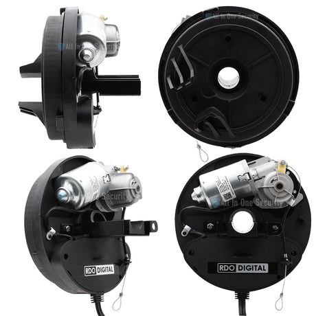 Centurion RDO Digital motor unit shown from multiple angles, designed for automated roll-up garage doors.